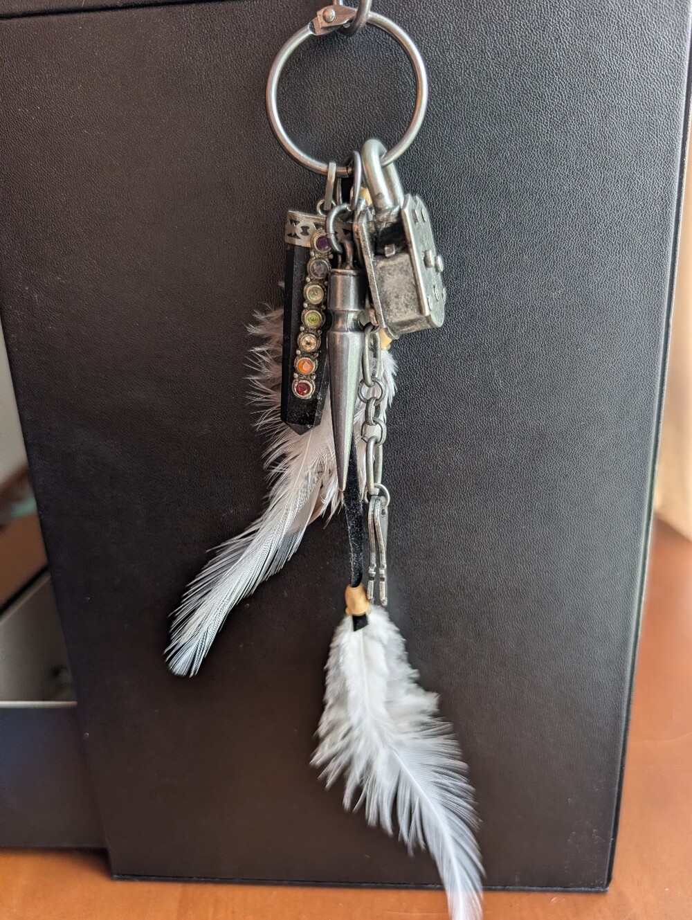 Vintage Industrial Bag Charm Gunmetal Keychain with Feathers & Lock - Picture 8 of 8